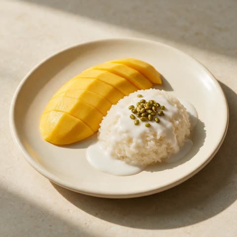 Mango sticky rice shared across three language examples
