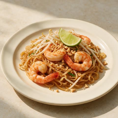 Prawn pad Thai with lime and peanuts
